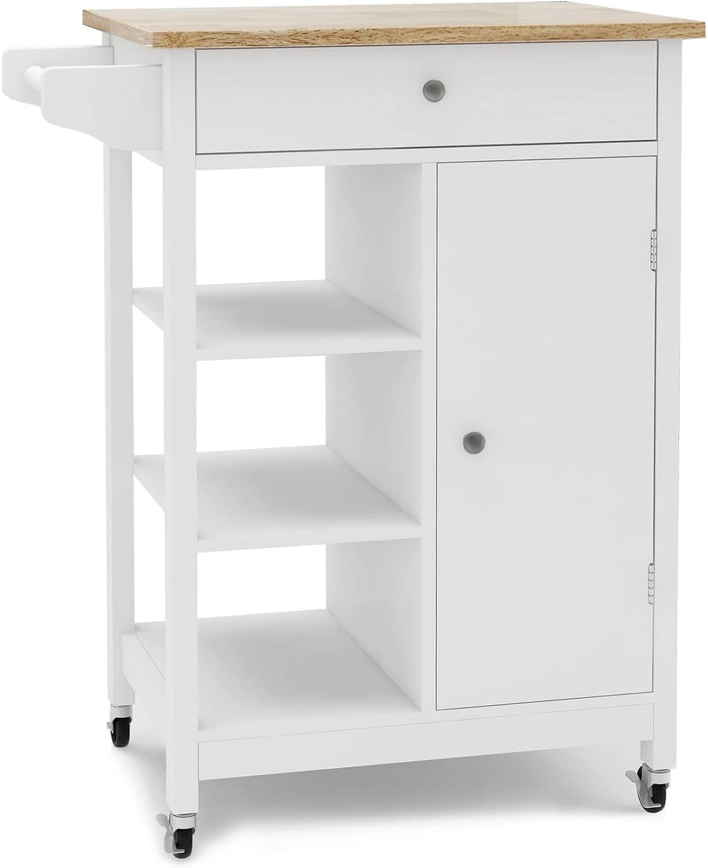 White Rolling Wood Dining Cart with 2 Drawers, 3 Baskets and 2 Shelves Q2828