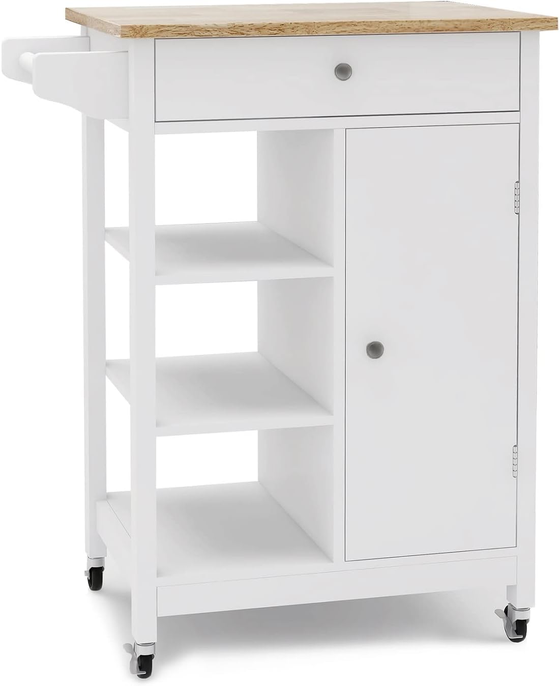 White Rolling Wood Dining Cart with 2 Drawers, 3 Baskets and 2 Shelves Q2828