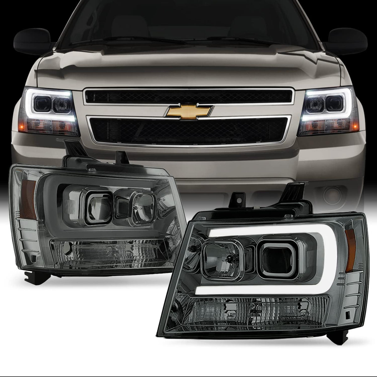 Smoked Lens LED DRL Projector Head Lights Pair R645046