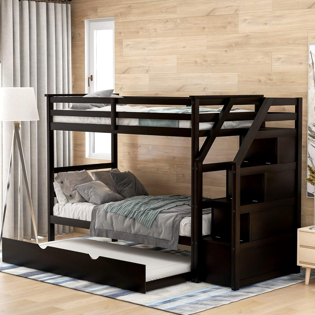 Grey Wooden Full Over Full Bunk Bed with Twin Trundle and Stairs D5085