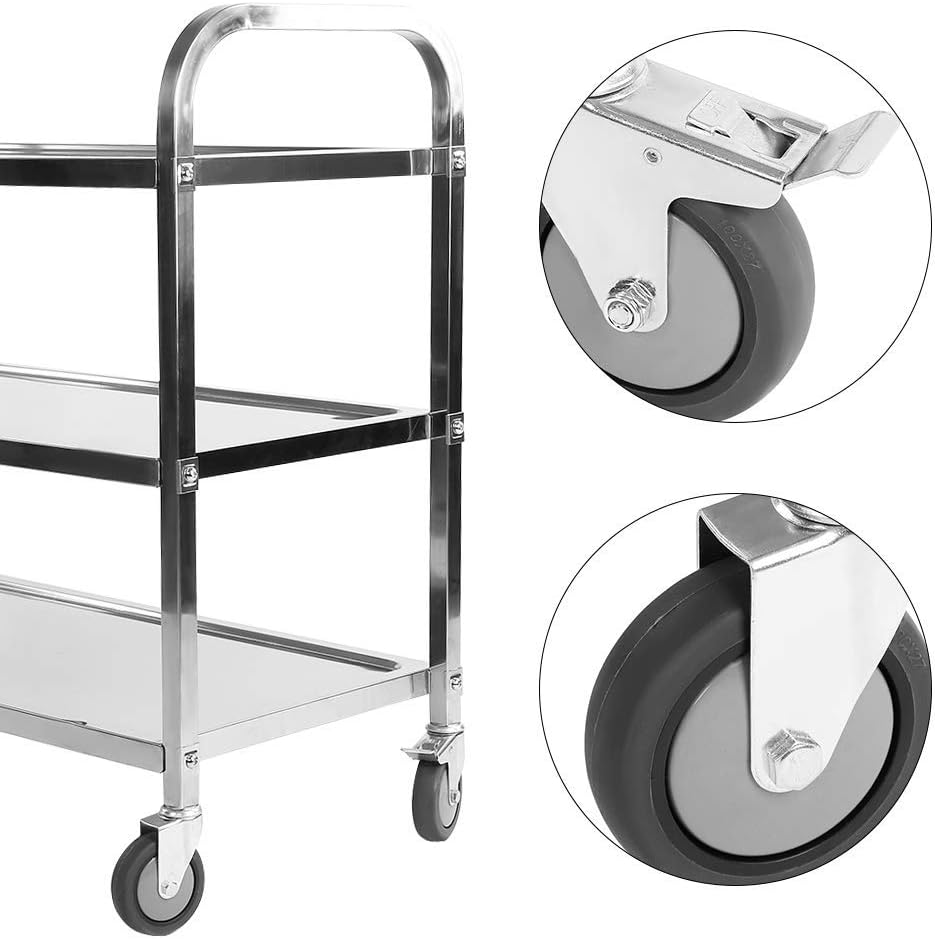 3 Tier Stainless Steel Utility Cart with Wheels Serving Trolley Storage Shelf Q5796