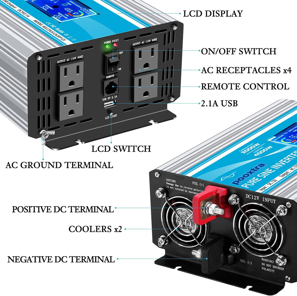 2000 Watt Pure Sine Wave Power Inverter 12V DC to 110V AC with LCD Display USB Port 4 AC Outlets P988979