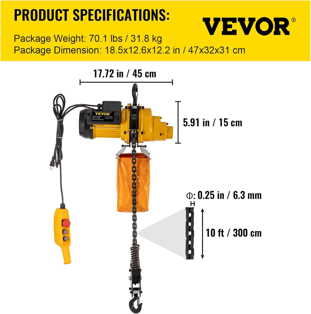2200lbs Electric Chain Hoist with 3 m Wired Remote Control, 110V, 1300W E9869