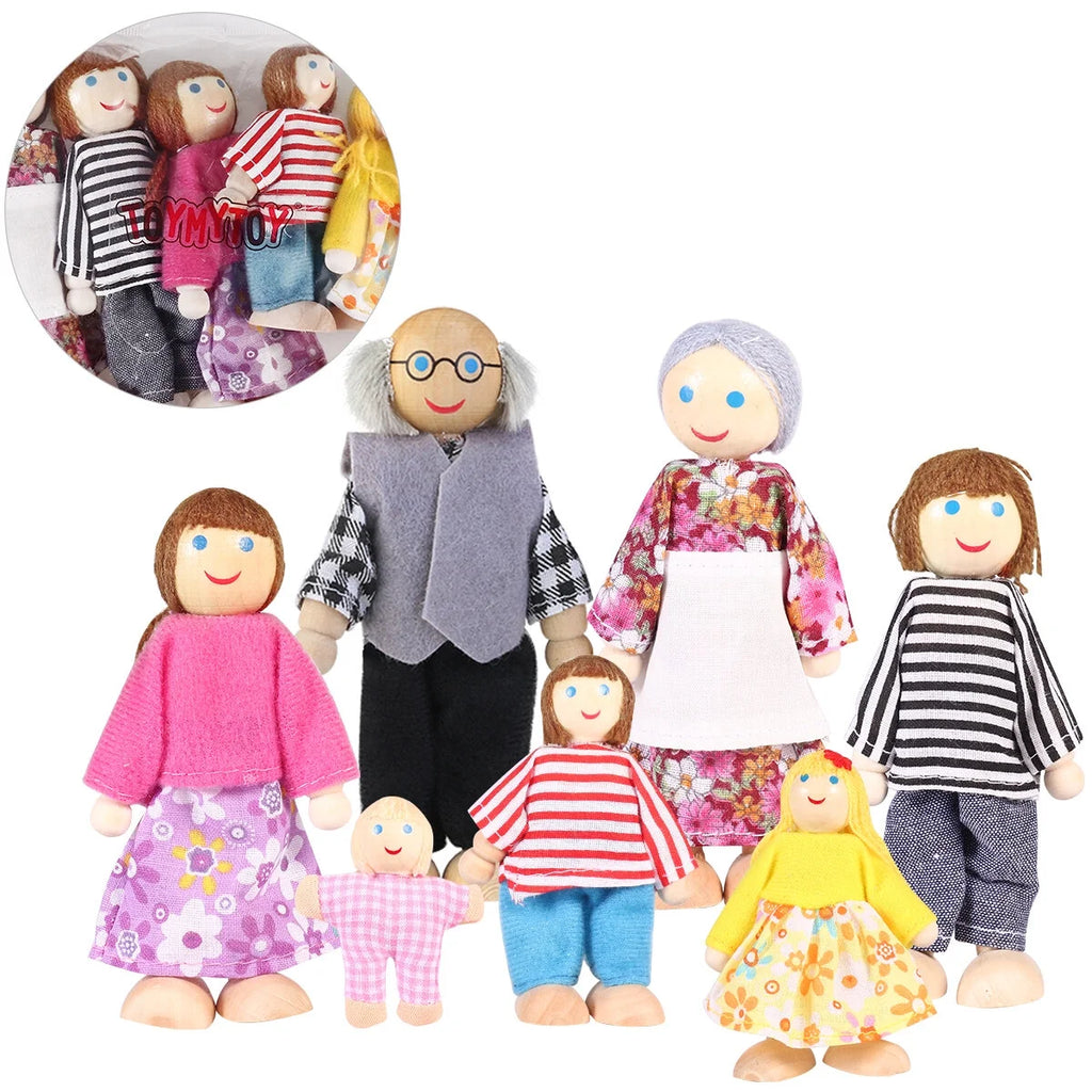 7pcs Wooden Dolls Pretend Play Set F8566