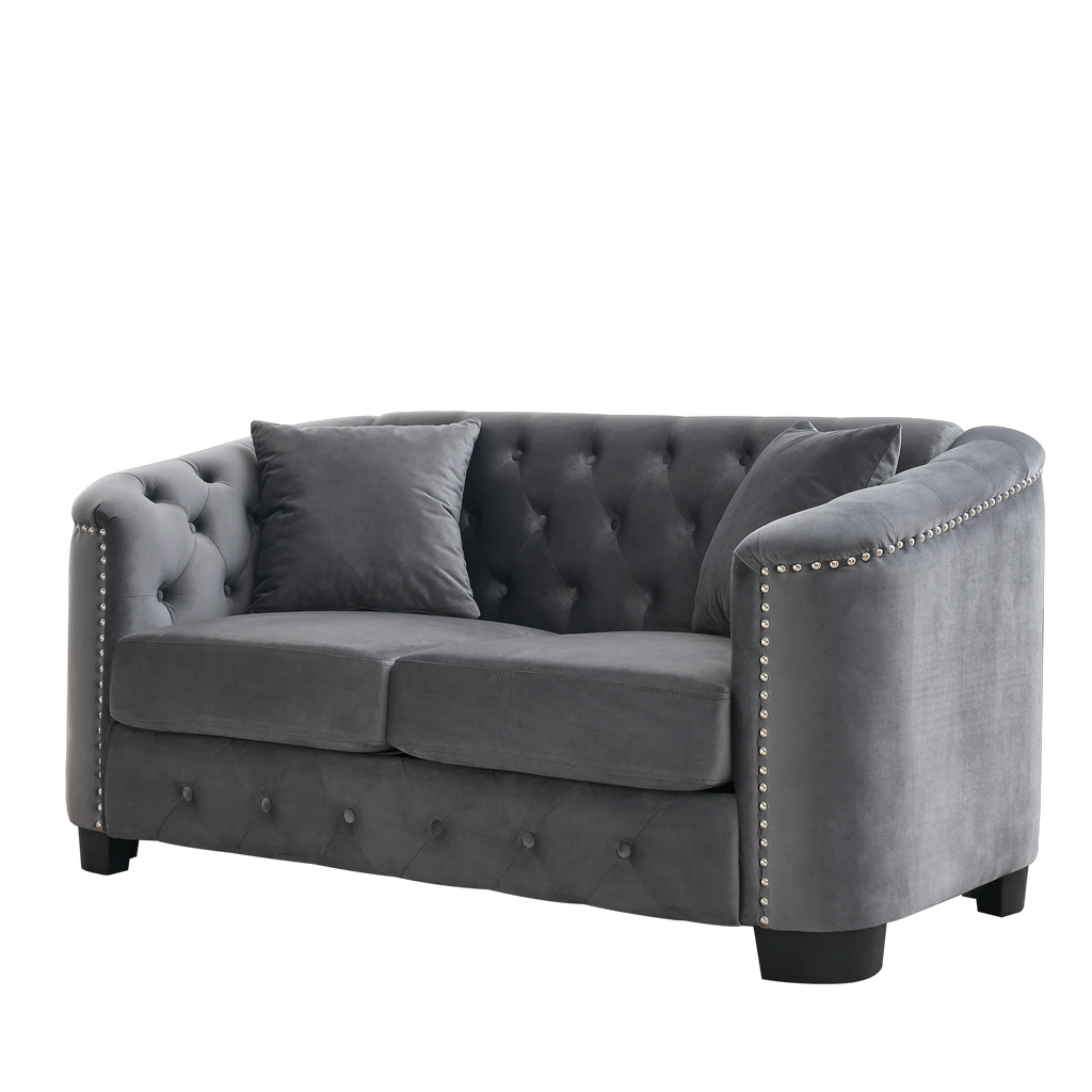 Grey Velvet Small Sofa with 2 Seat Cushions and 2 Throw Pillows N39425