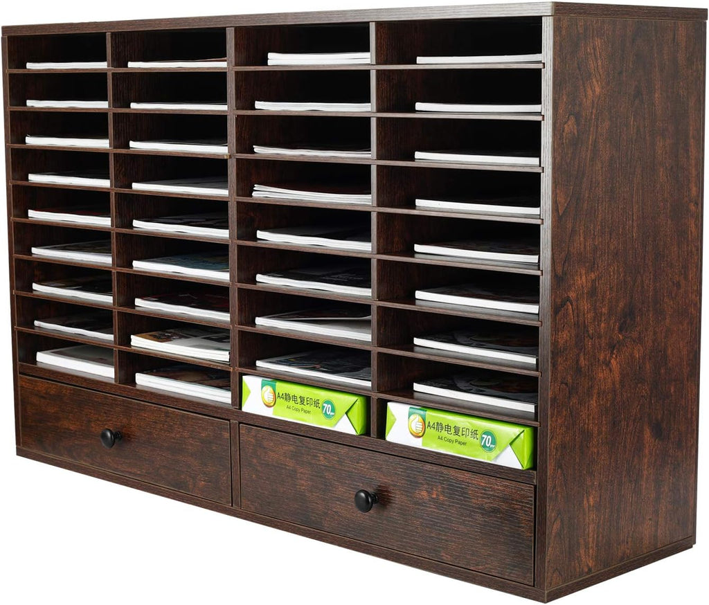 Brown 2 Drawer 36 Slots Wood Literature Organizer H985794