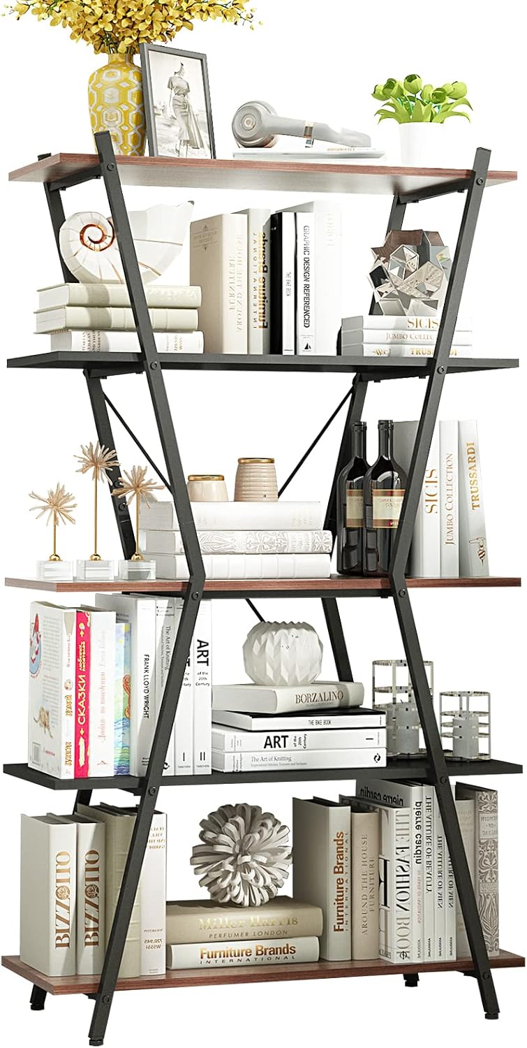 Industrial Bookshelf 5 Tier Rustic Wood Etagere Bookcase with Metal Frame, Oak K79791