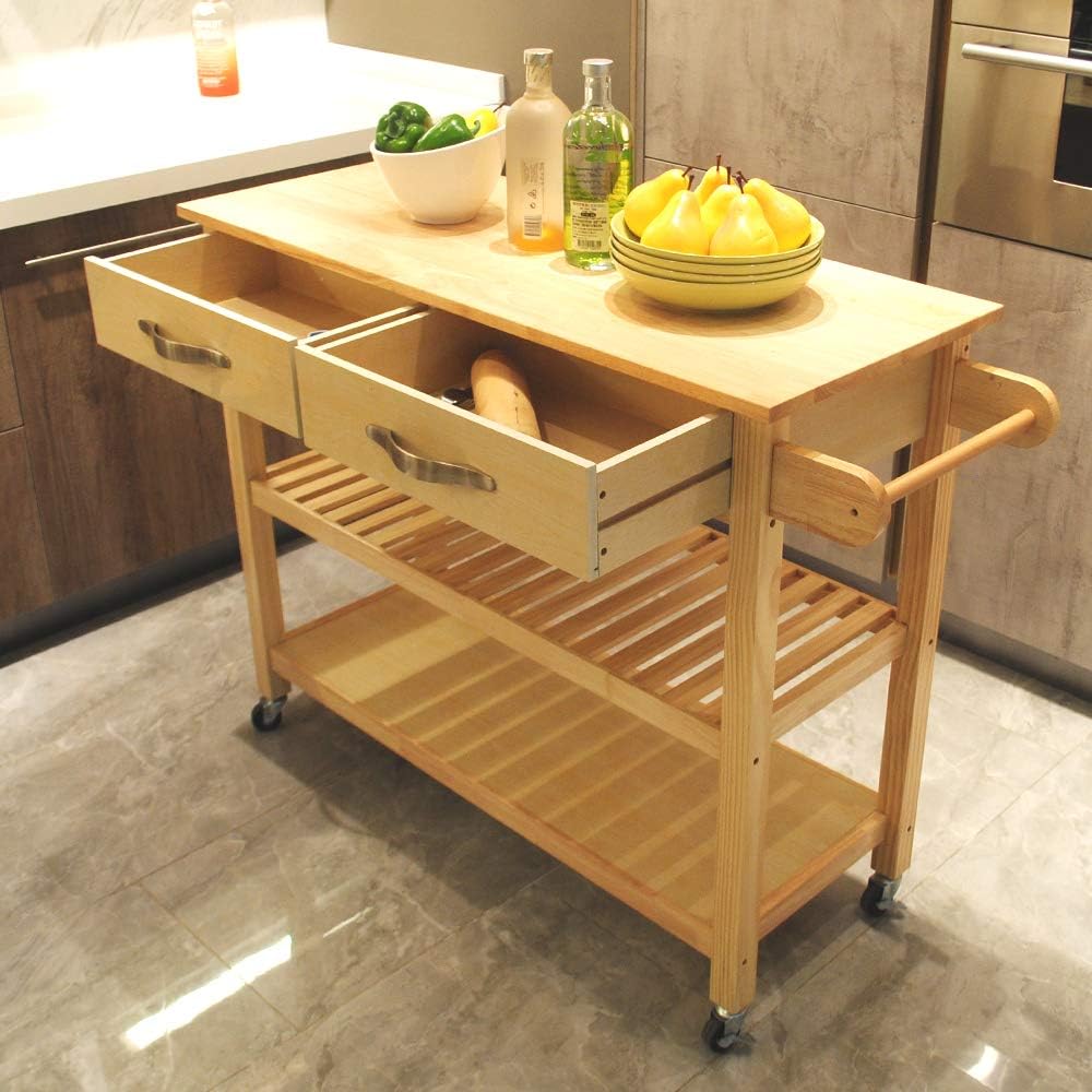 White Rolling Wood Dining Cart with 2 Drawers, 3 Baskets and 2 Shelves Q2828