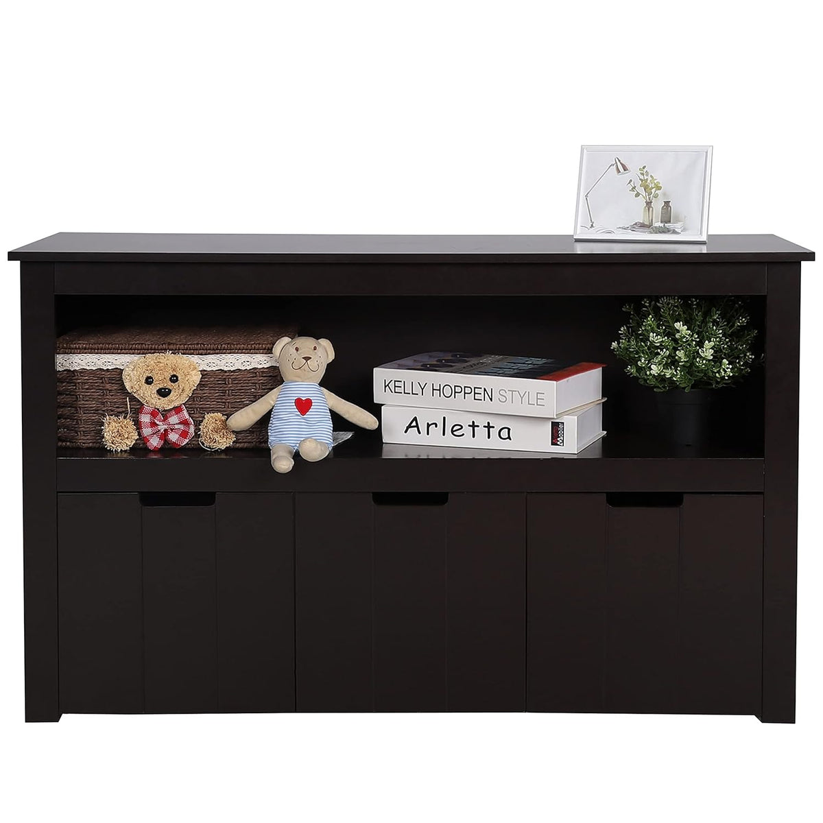 Espresso Toy Box Organizer Storage Cabinet with Movable Drawers and Open Storage Cube Shelf E86357