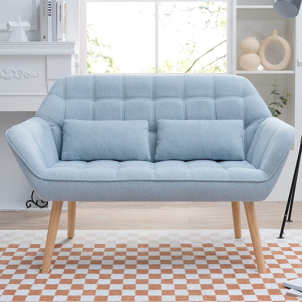 Light Blue Linen Fabric Loveseat Sofa with 2 Pillows Wood Legs U2462