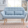 Light Blue Linen Fabric Loveseat Sofa with 2 Pillows Wood Legs U2462