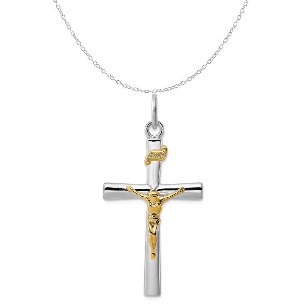 18K Gold Rhodium-Plated Sterling Silver Crucifix Charm Pendant with Sterling Silver Cable Chain Necklace 18'' Y504708