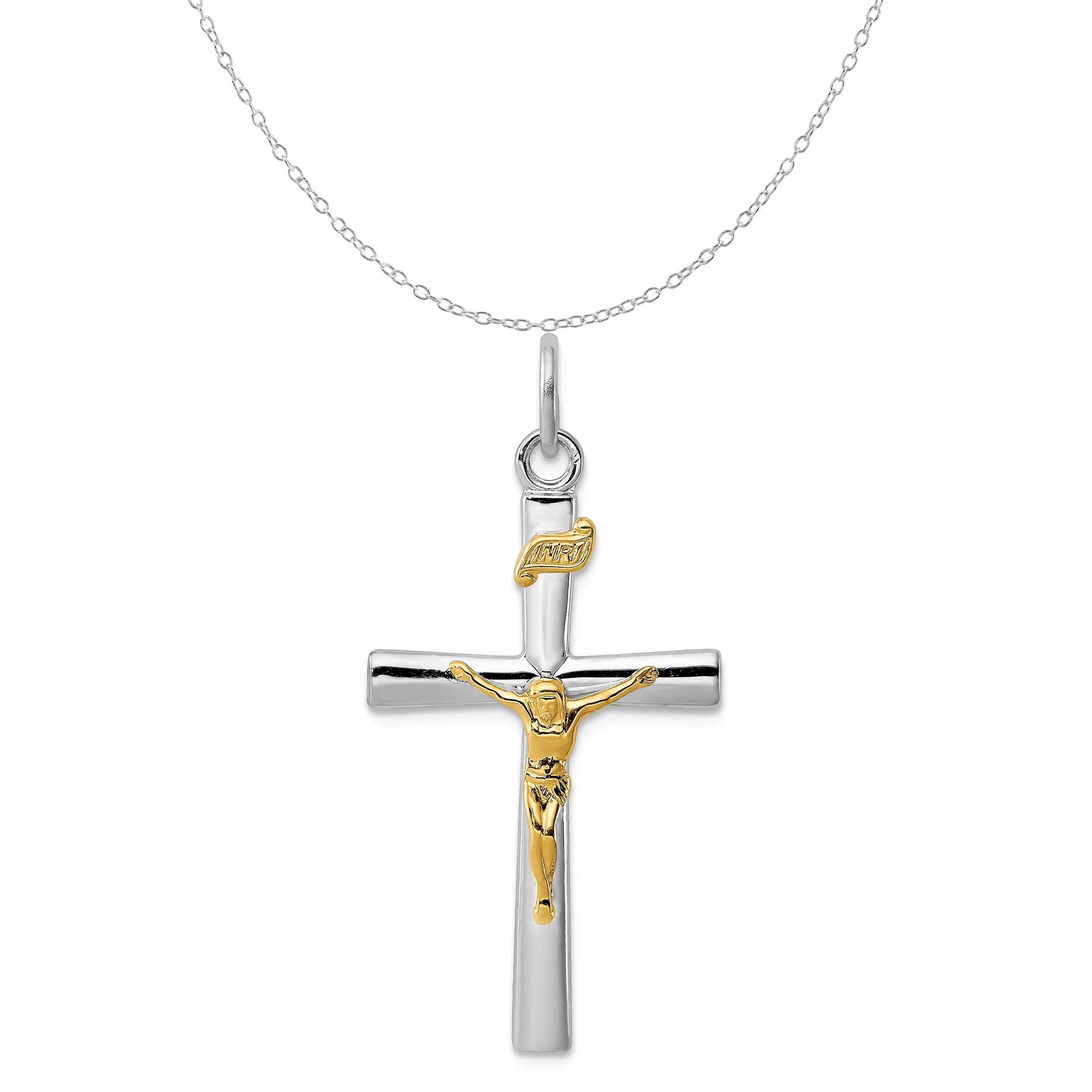 18K Gold Rhodium-Plated Sterling Silver Crucifix Charm Pendant with Sterling Silver Cable Chain Necklace 18'' Y504708