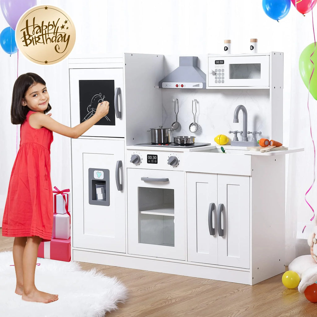 White Wooden Kids Kitchen Playset with 20 PCS Cookware Accessories G835
