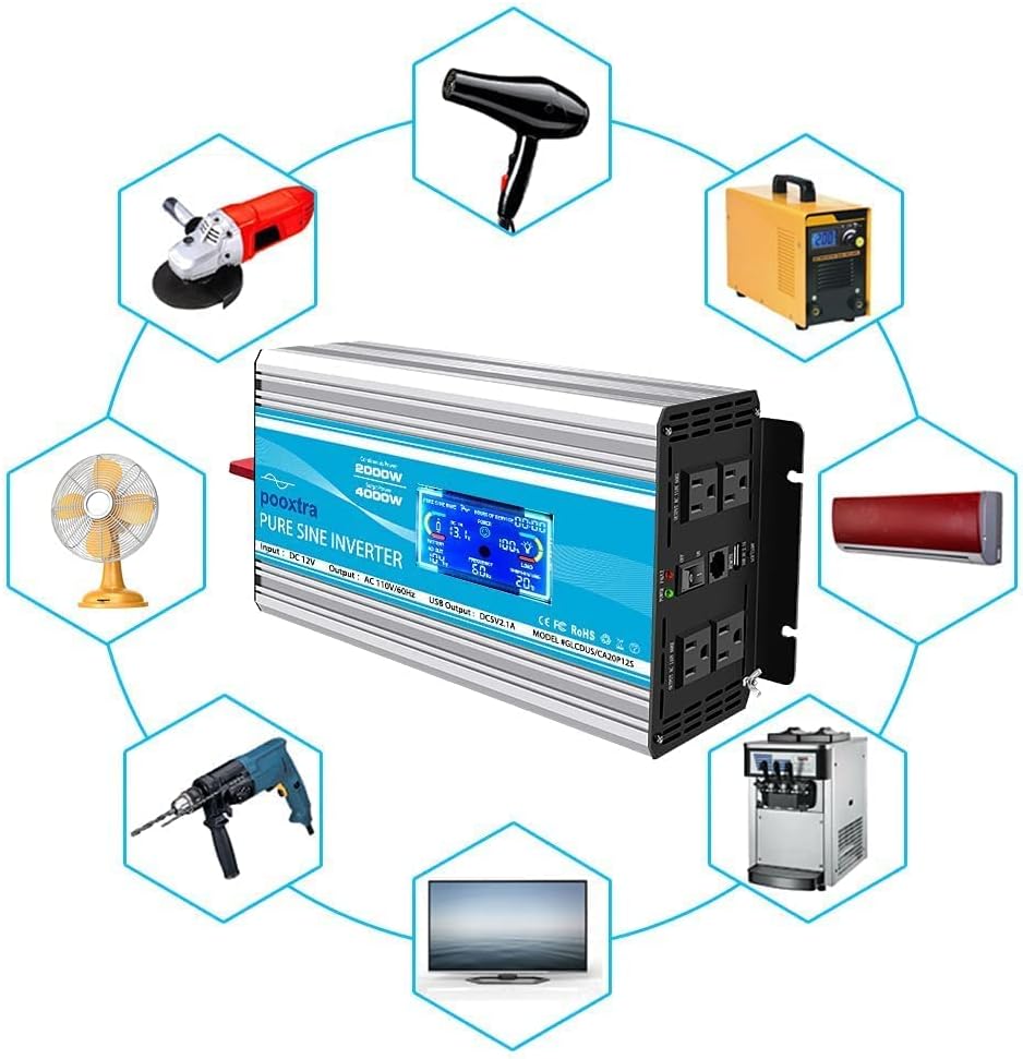 2000 Watt Pure Sine Wave Power Inverter 12V DC to 110V AC with LCD Display USB Port 4 AC Outlets P988979