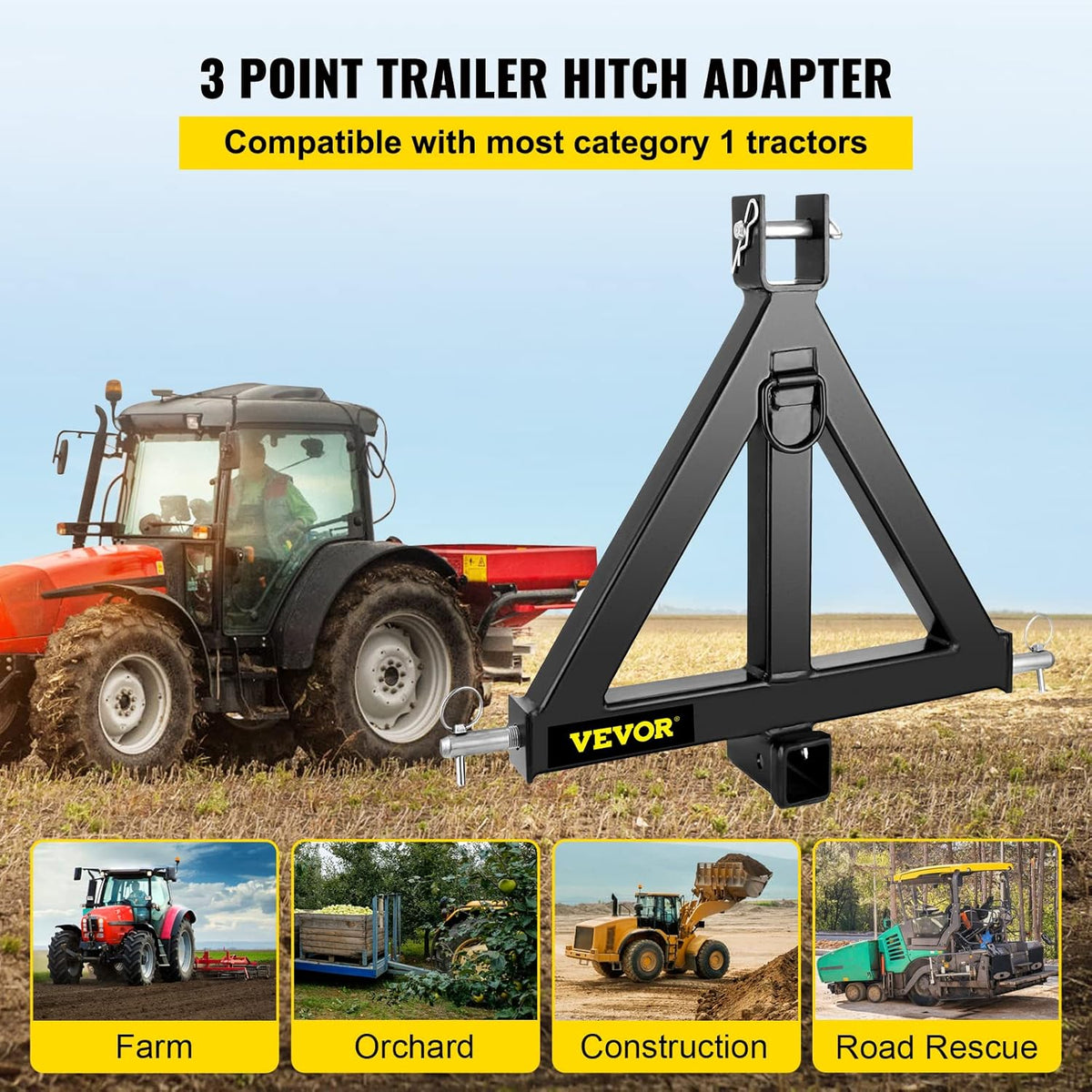 3 Point Trailer Hitch Heavy Duty 2In Receiver Hitch Category 1 33In Black G87927