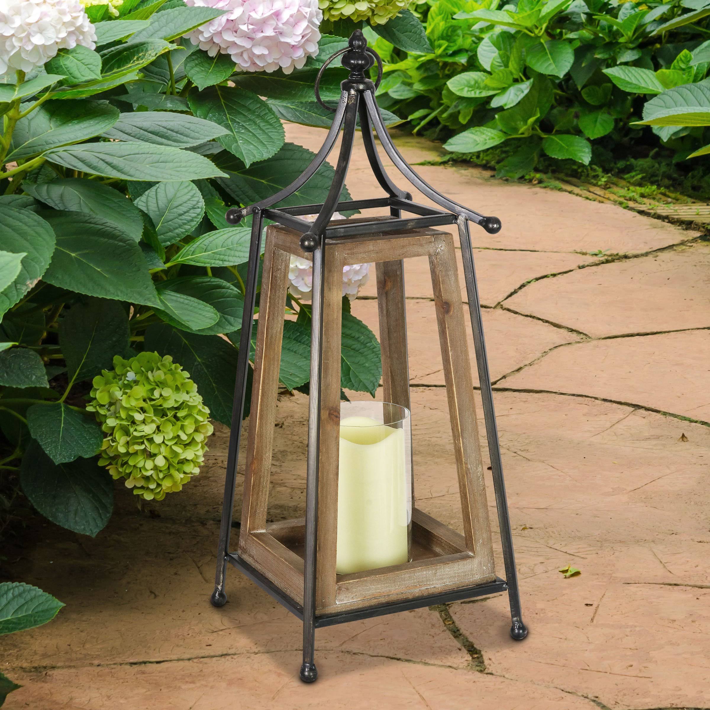 Antiqued Wood and Metal Tented Candle Lantern with LED Candle, 20.5 Inches, Natural, Beige X7132