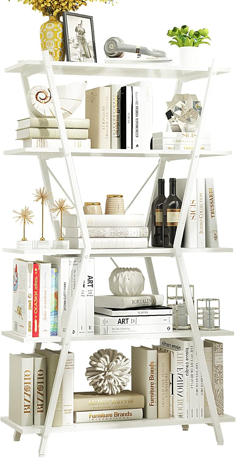 Industrial Bookshelf 5 Tier Rustic Wood Etagere Bookcase with Metal Frame, Oak K79791