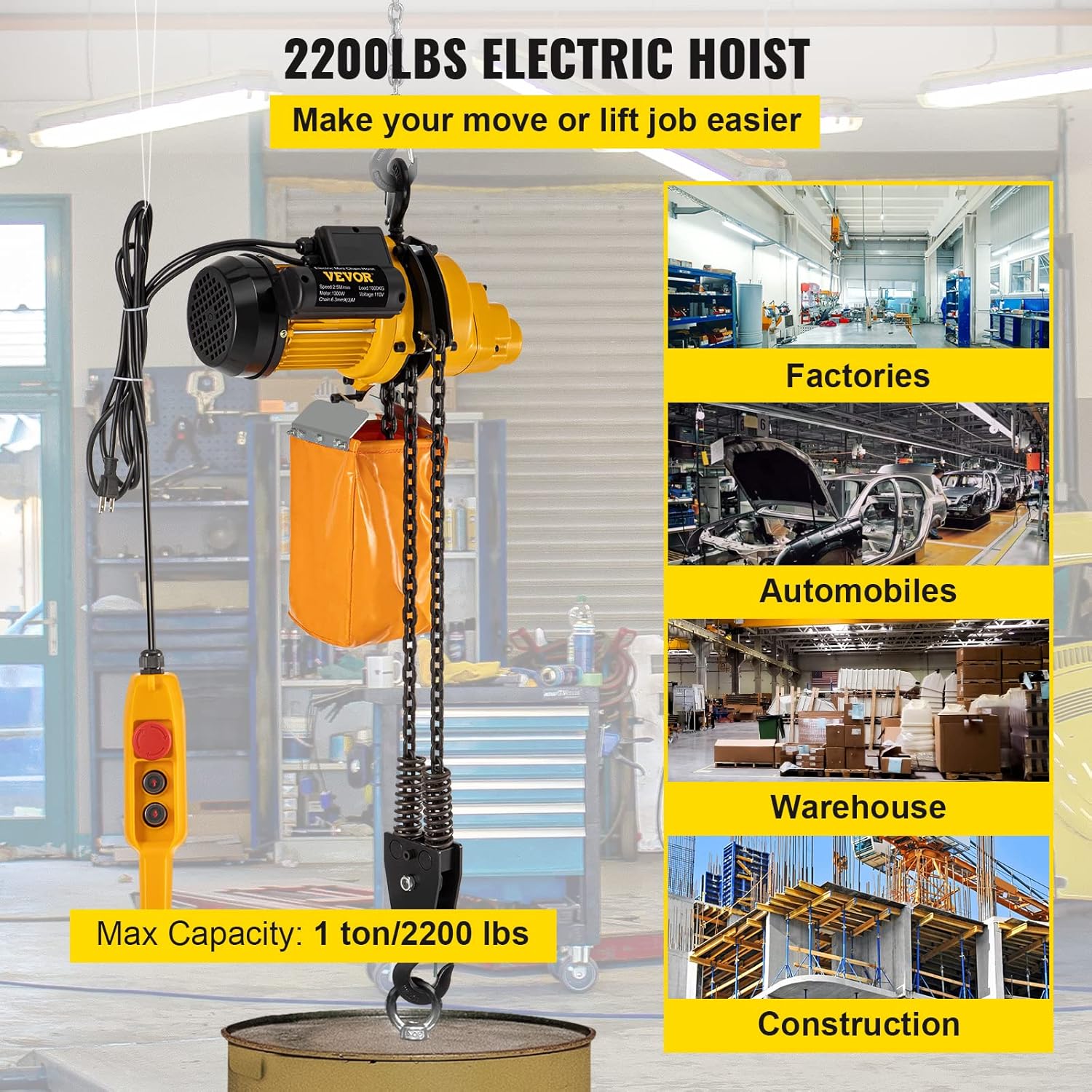 2200lbs Electric Chain Hoist with 3 m Wired Remote Control, 110V, 1300W E9869