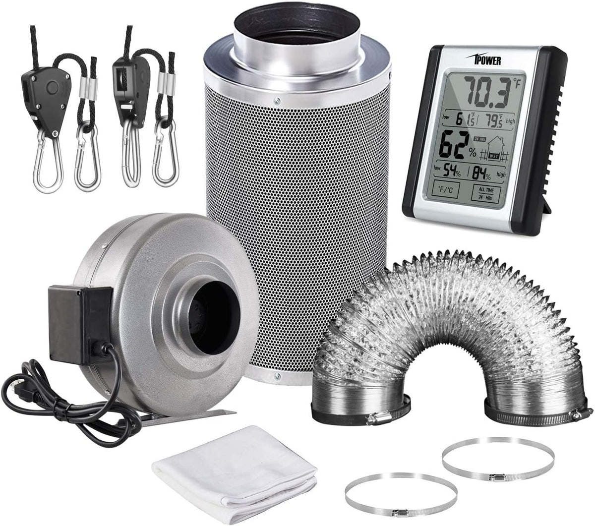 6 Inch 442 CFM Inline Fan Carbon Filter 16 Feet Ducting Combo with Humidity Monitor, Grey D21550