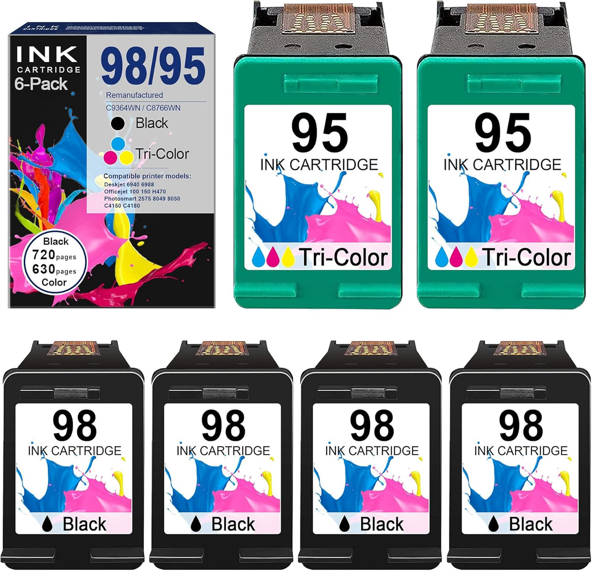 4 Pack Black 98 & 2 Pack Tri-Color 95 Remanufactured Ink Cartridge for HP Printer R24009