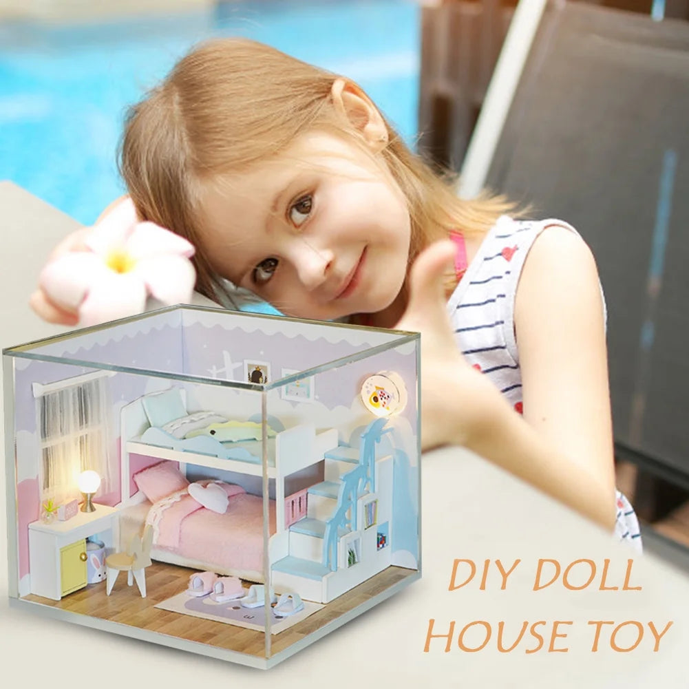 3D Wooden DIY Mini Doll House with Dust Cover Assembling Kids Toy A242990
