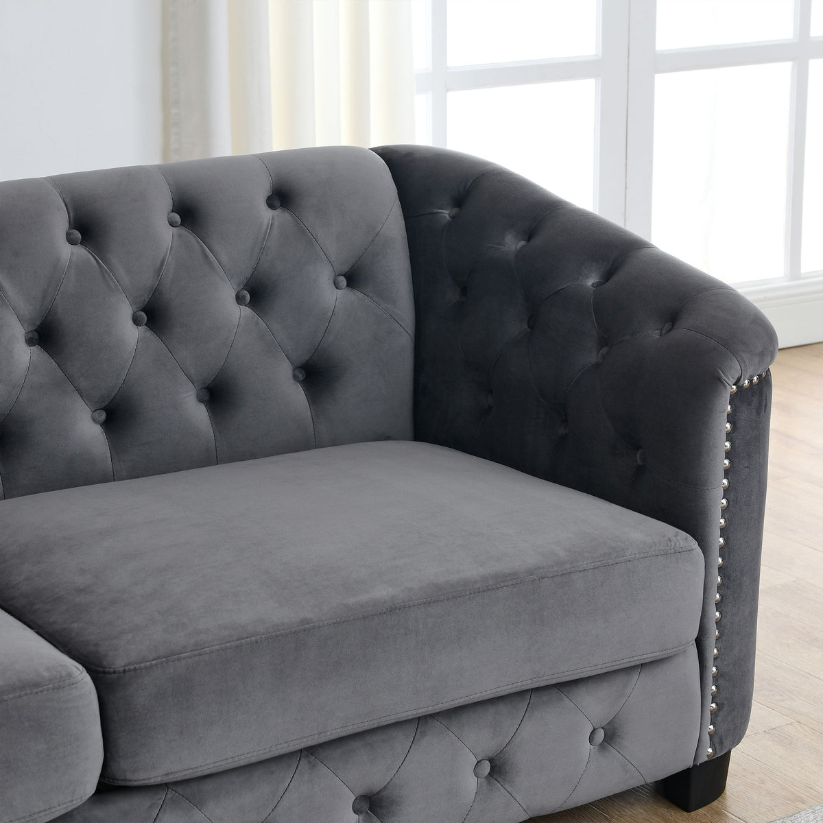 Grey Velvet Small Sofa with 2 Seat Cushions and 2 Throw Pillows N39425