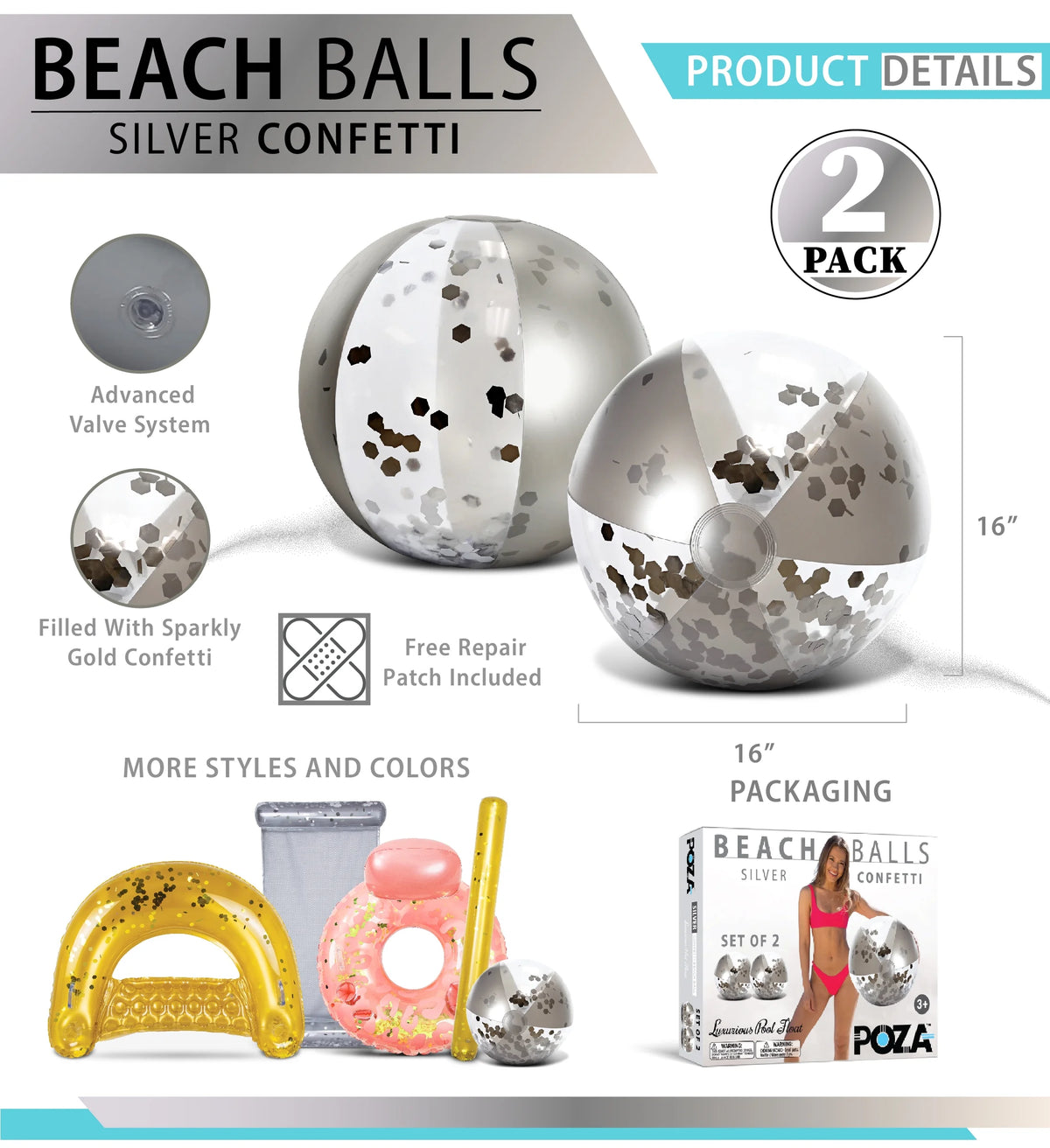 Silver & Gold Inflatable Beach Balls Set of 4, 16 Inch T3796