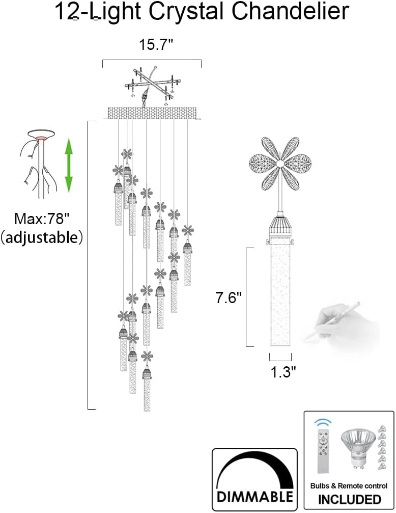 12-Lights Raindrop Spiral Crystal Chandelier with Remote Control Dimmable LED D3158