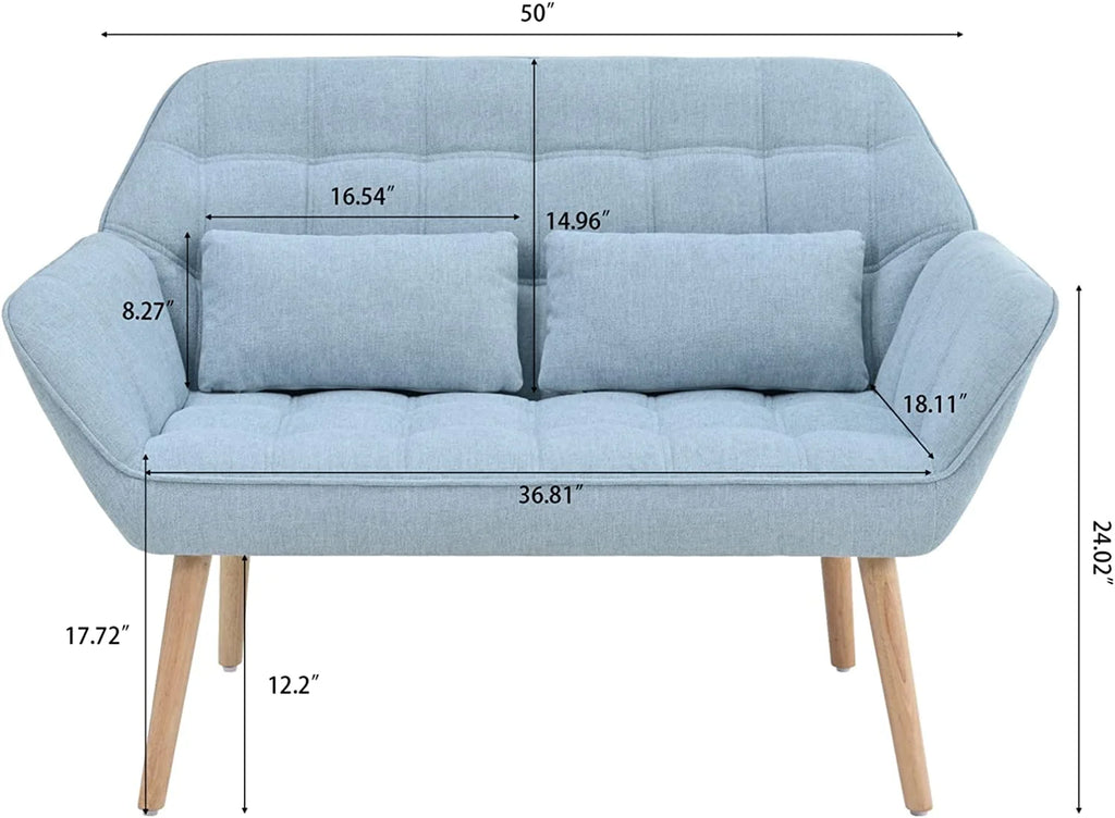 Light Blue Linen Fabric Loveseat Sofa with 2 Pillows Wood Legs U2462