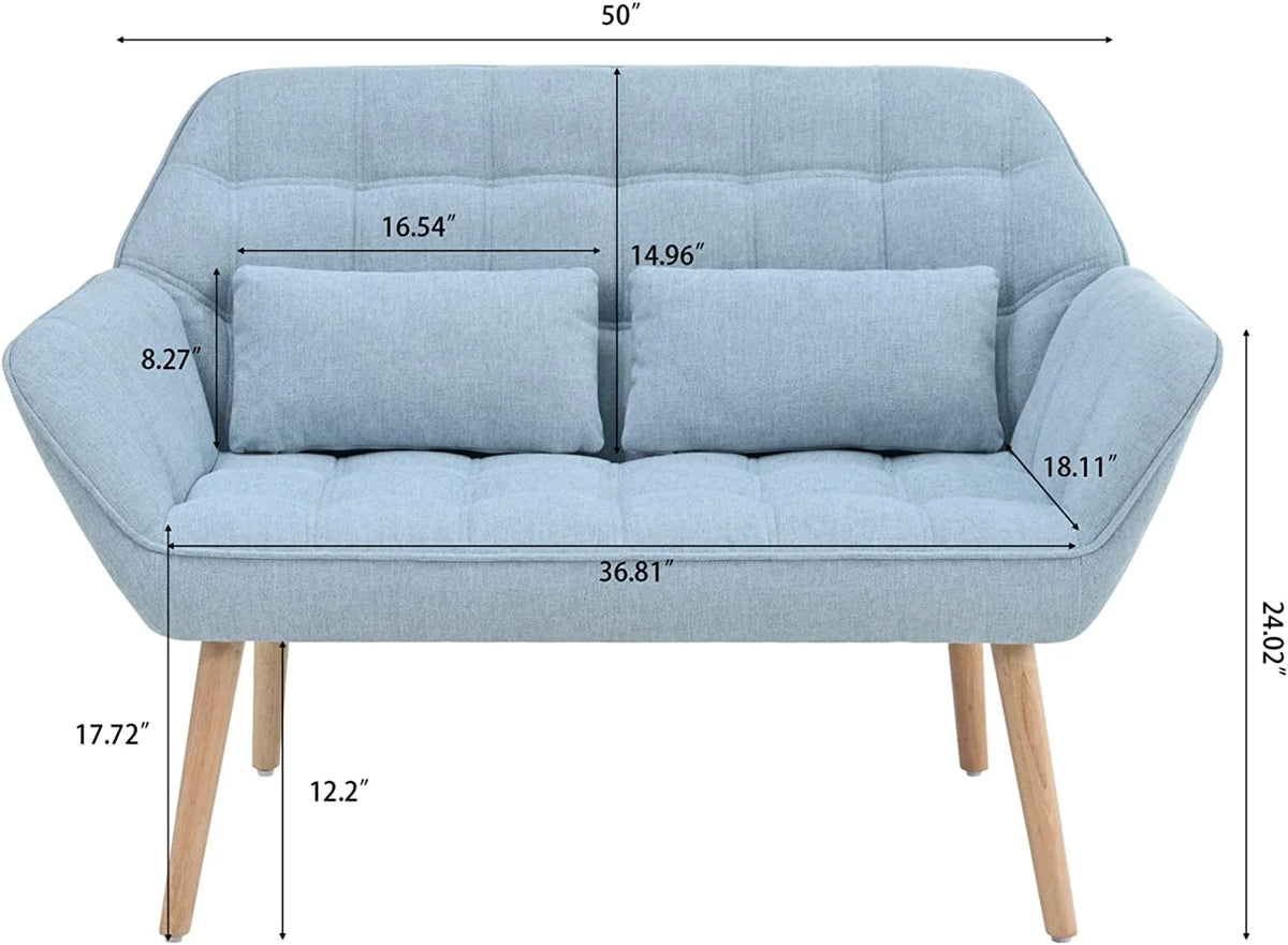 Light Blue Linen Fabric Loveseat Sofa with 2 Pillows Wood Legs U2462