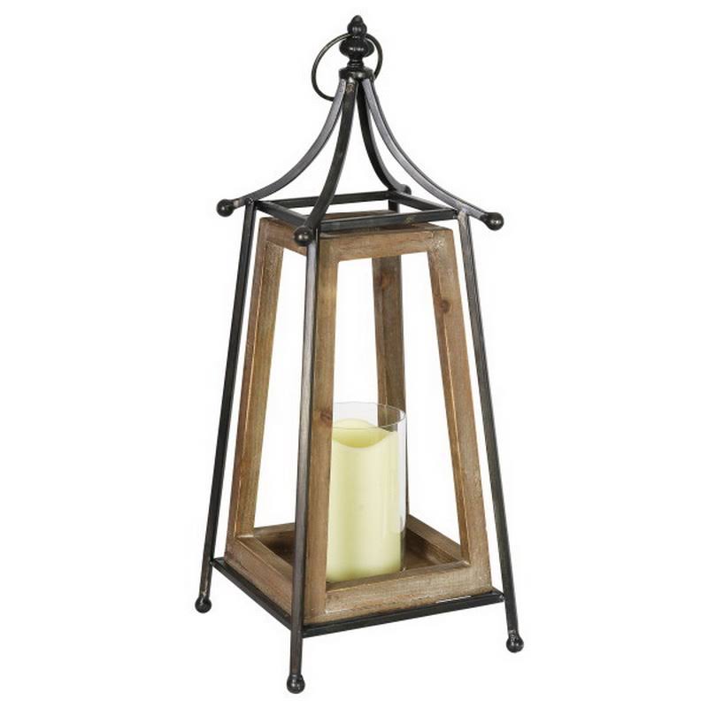 Antiqued Wood and Metal Tented Candle Lantern with LED Candle, 20.5 Inches, Natural, Beige X7132
