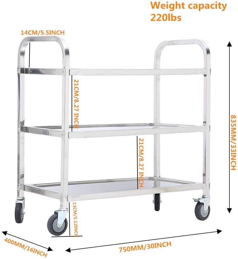 3 Tier Stainless Steel Utility Cart with Wheels Serving Trolley Storage Shelf Q5796
