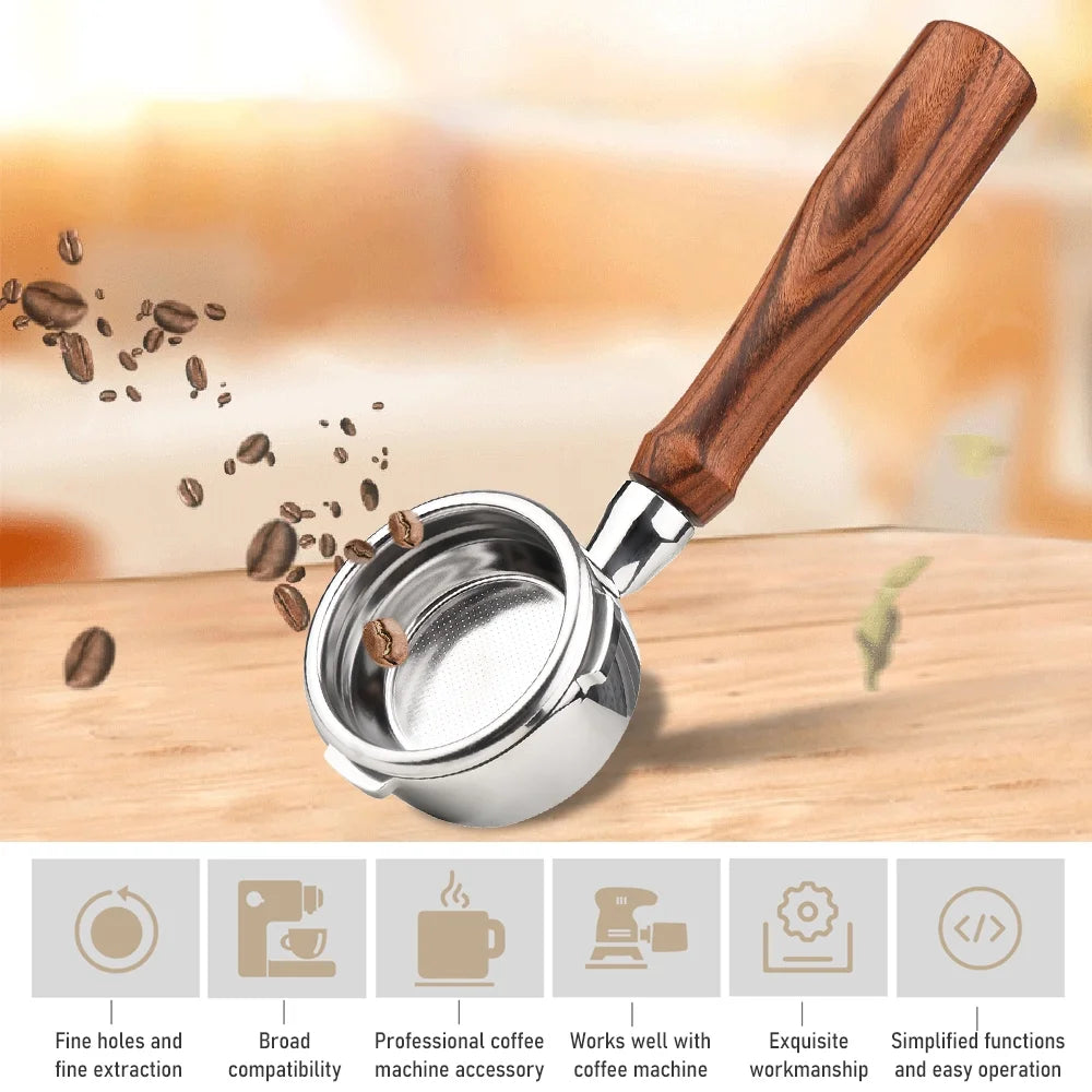 Stainless Steel Bottomless Naked Portafilter with Wooden Handle R9086