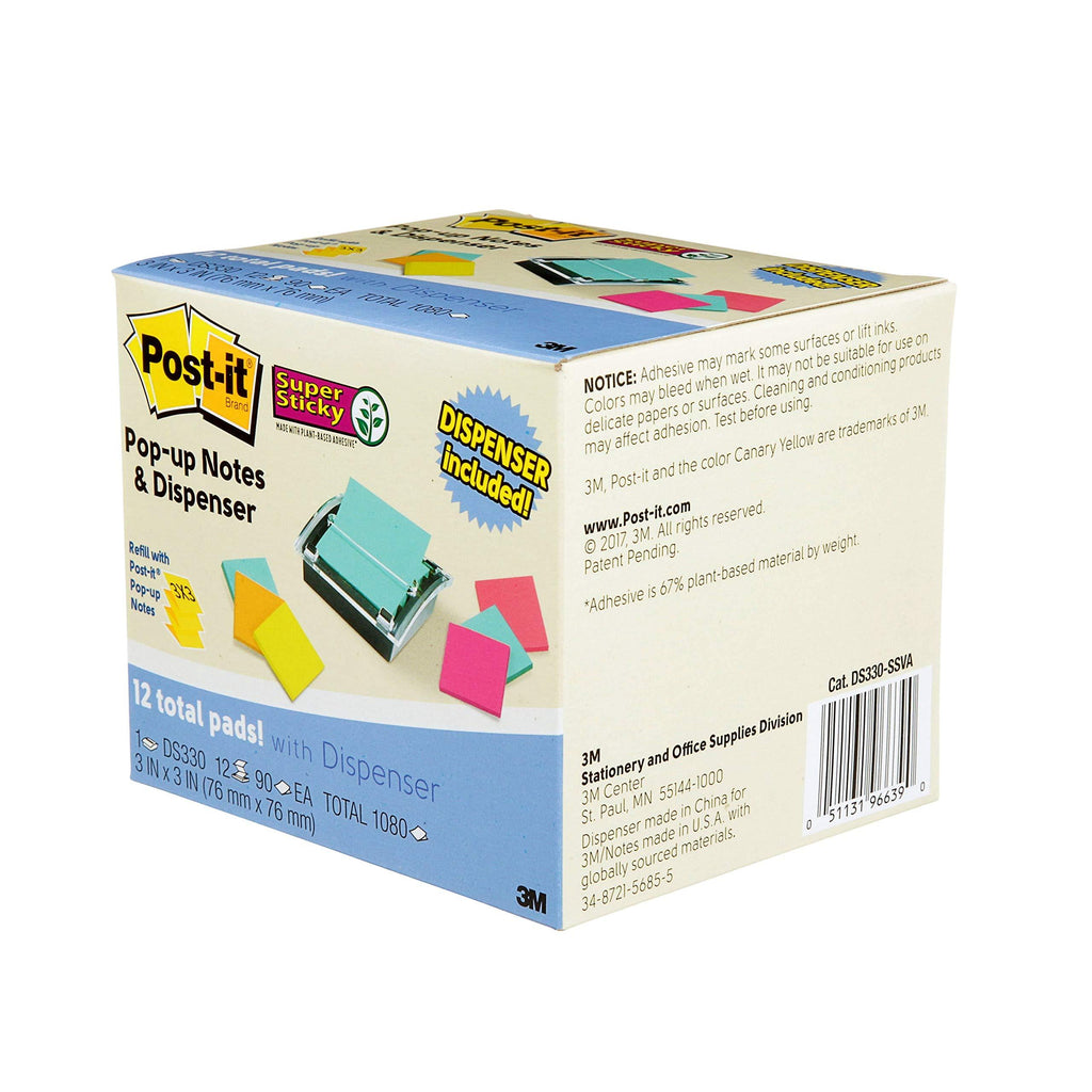 Super Sticky Note and Dispenser Value Pack, 3 x 3 Inches, 90-Sheet Pad (12 Pack) E196