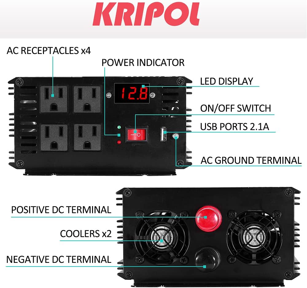 1500 Watt Pure Sine Wave Power Inverter 12V DC to 110V AC 60HZ with 4 AC Outlets and 1 USB Output X38638