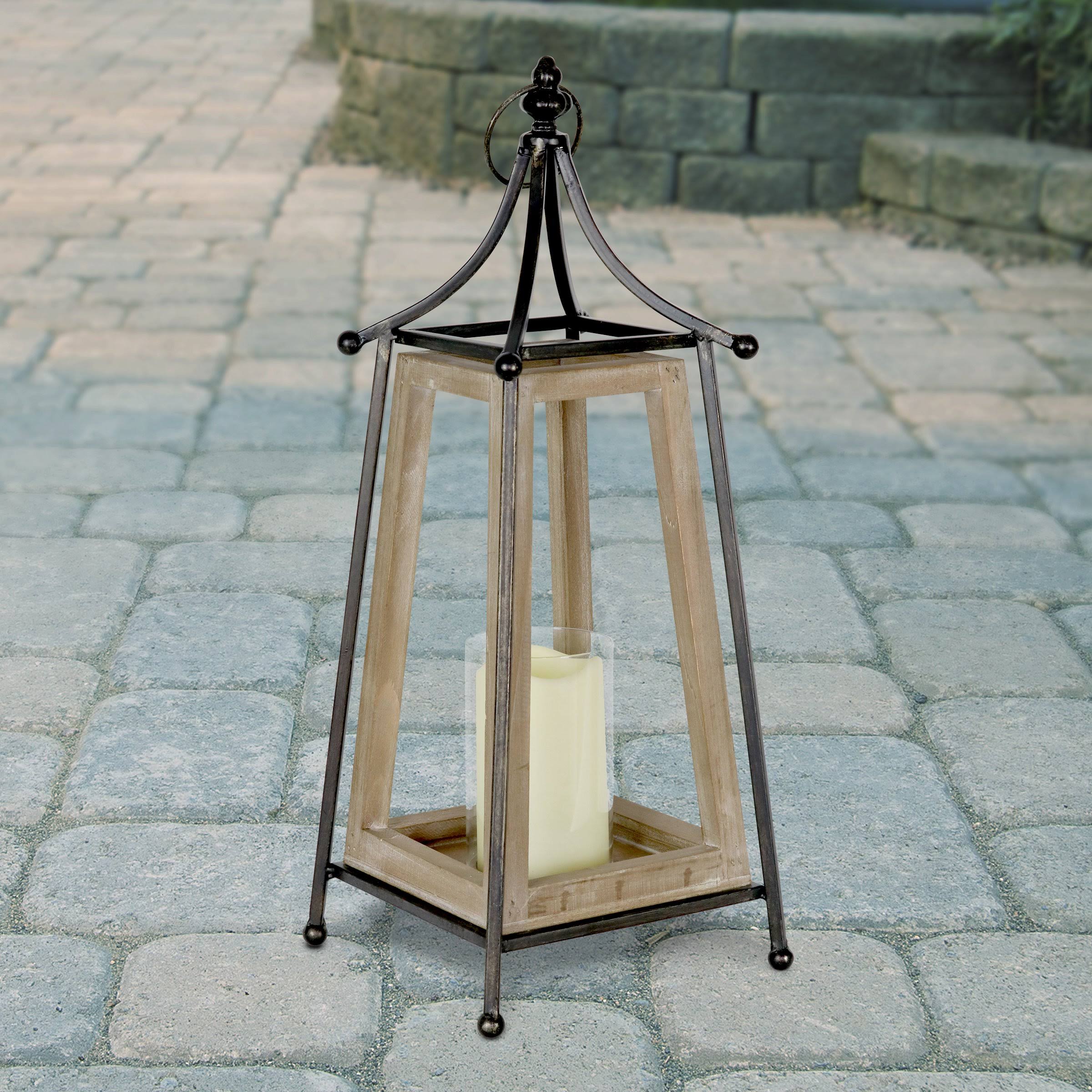 Antiqued Wood and Metal Tented Candle Lantern with LED Candle, 20.5 Inches, Natural, Beige X7132