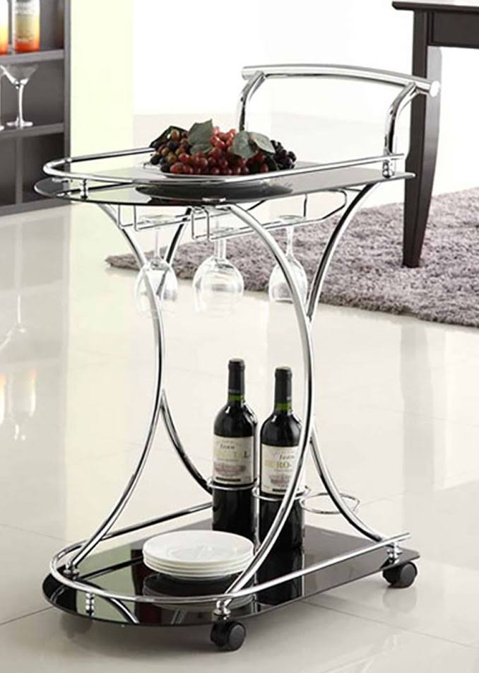 Chrome Metal Black Glass Serving Cart A872