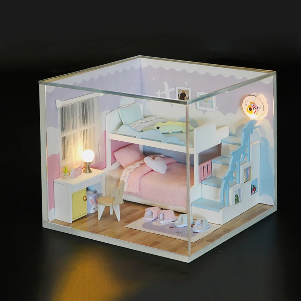 3D Wooden DIY Mini Doll House with Dust Cover Assembling Kids Toy A242990
