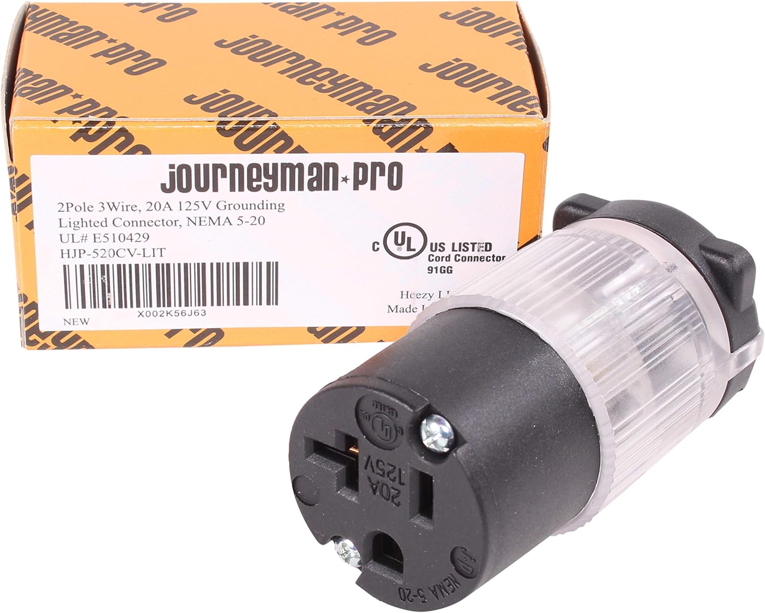 Lighted 20 Amp 120-125 Volt NEMA 5-20R Straight Blade Female Plug Connector Outlet, PVC, 10-PACK T99921