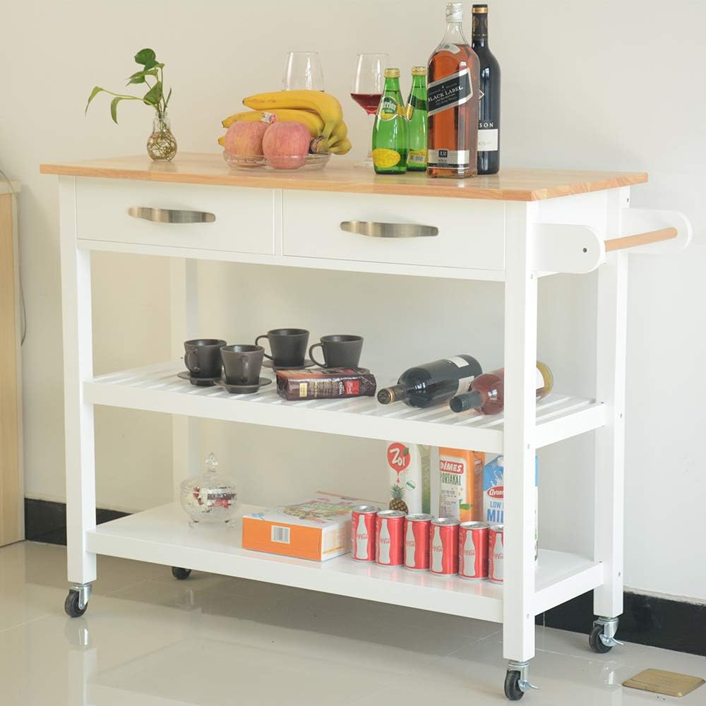 White Rolling Wood Dining Cart with 2 Drawers, 3 Baskets and 2 Shelves Q2828