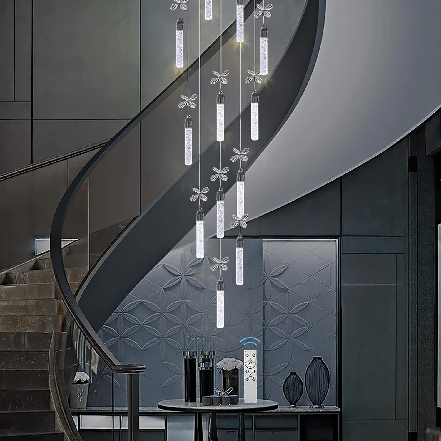 12-Lights Raindrop Spiral Crystal Chandelier with Remote Control Dimmable LED D3158