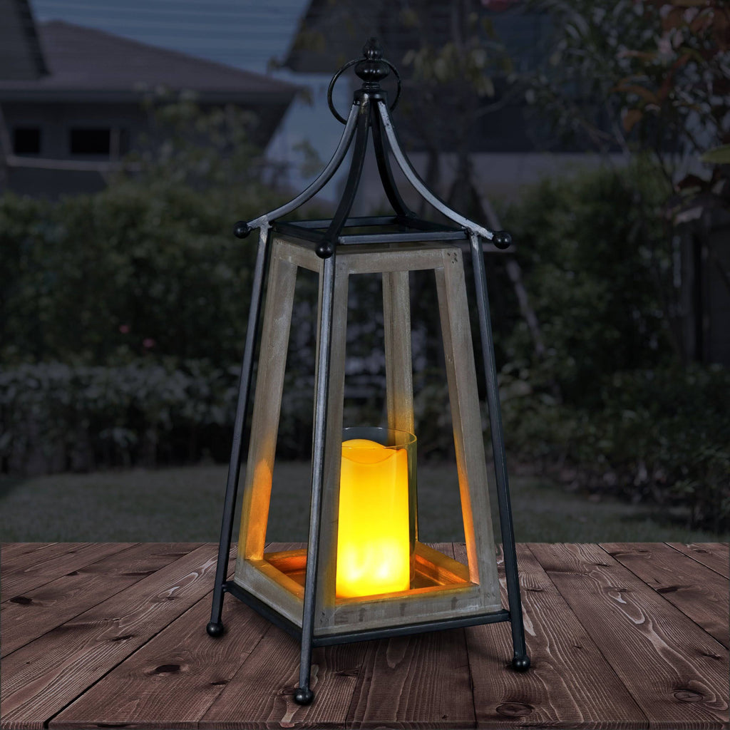 Antiqued Wood and Metal Tented Candle Lantern with LED Candle, 20.5 Inches, Natural, Beige X7132