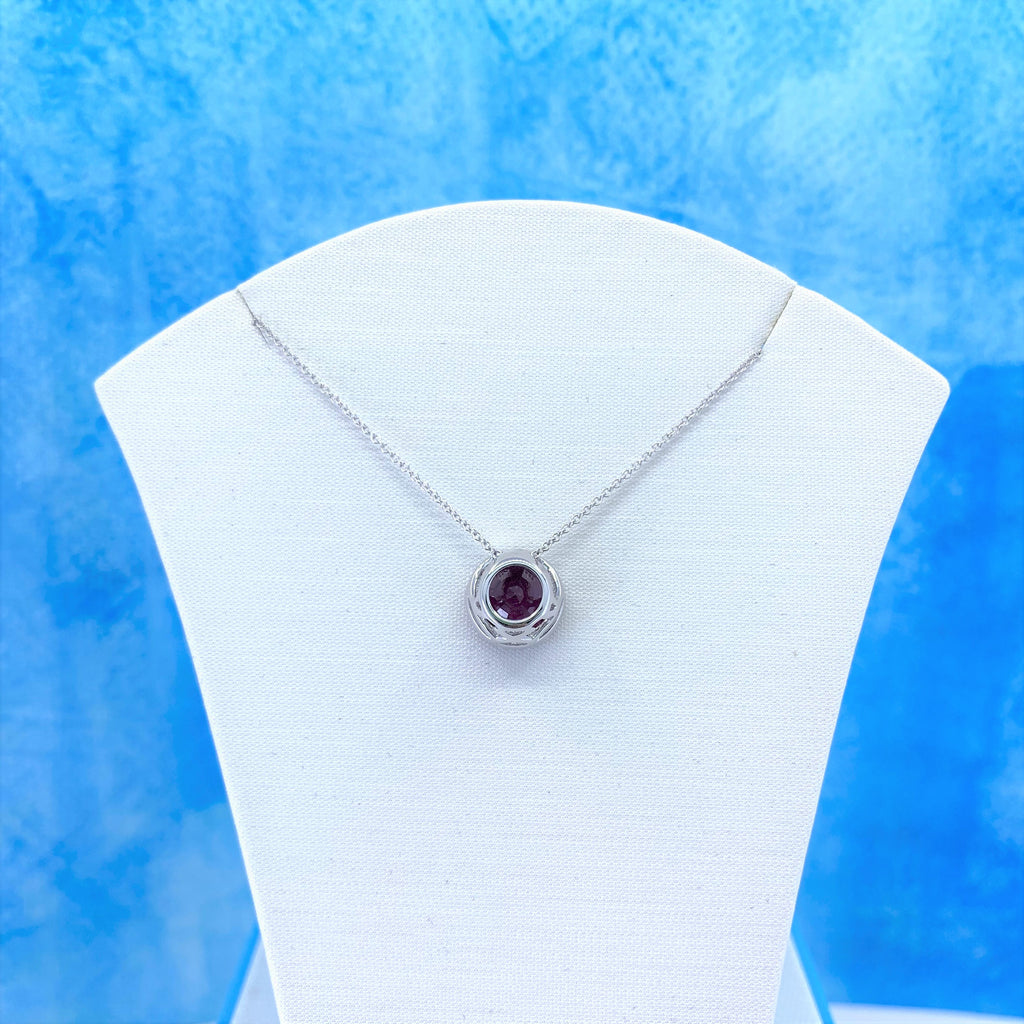 14K White Gold Necklace with Round Red Ruby and White Diamonds M61619