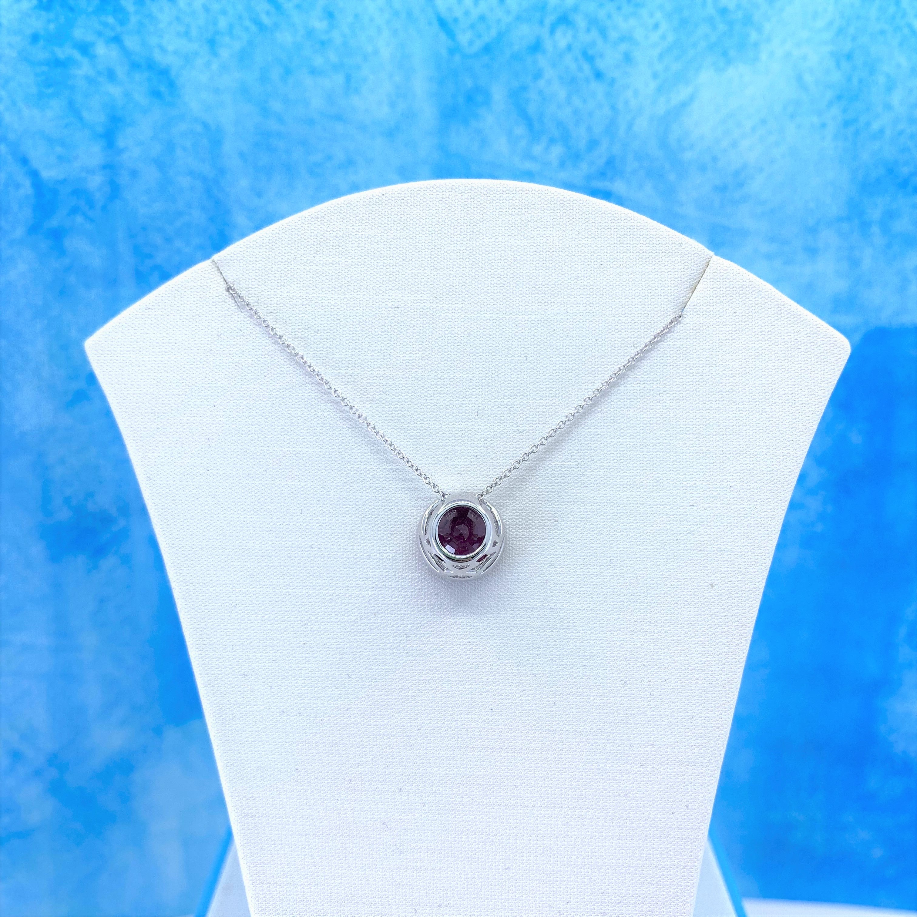 14K White Gold Necklace with Round Red Ruby and White Diamonds M61619