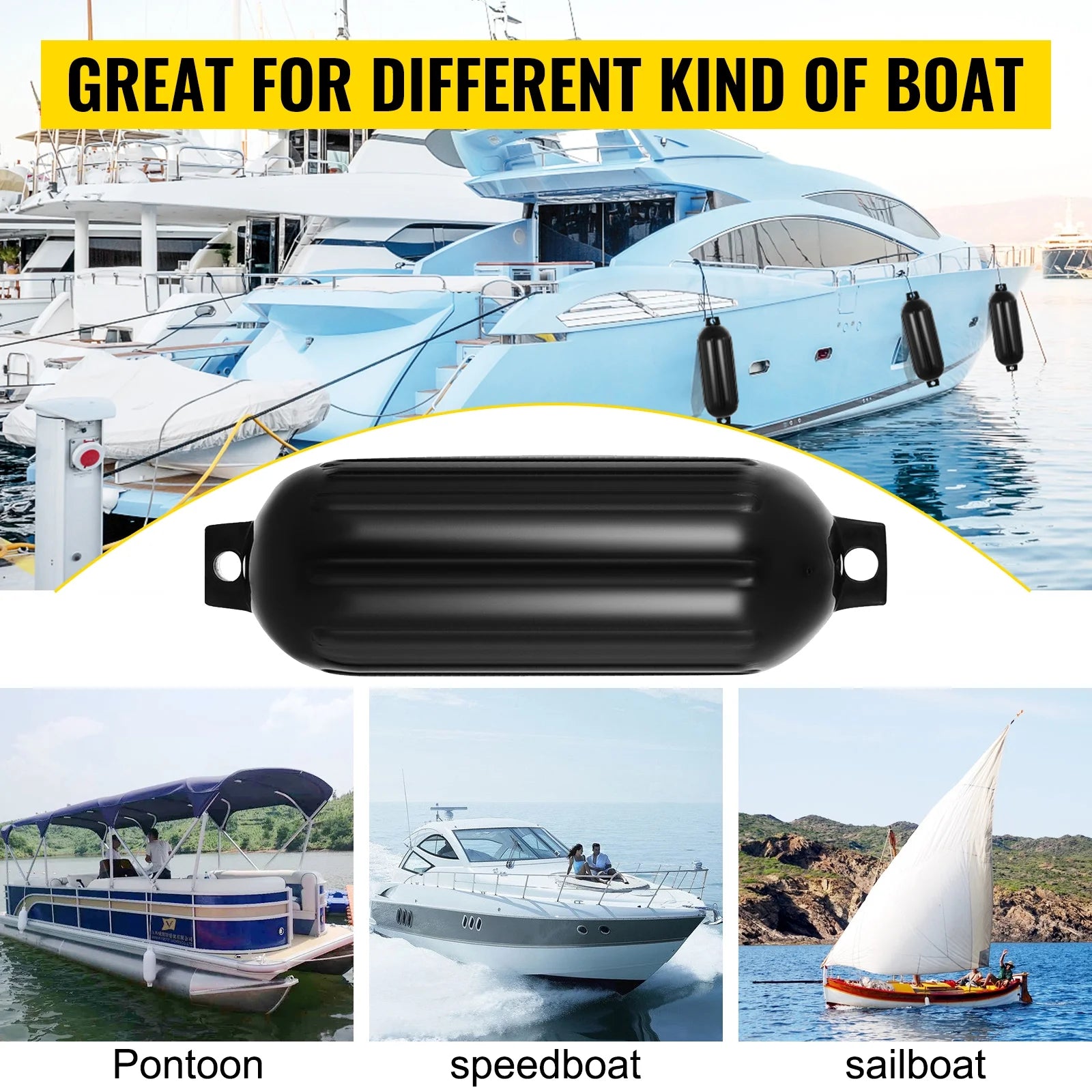 Black Boat Fender Bumper Pack of 4, 8 x 27 inches N15673