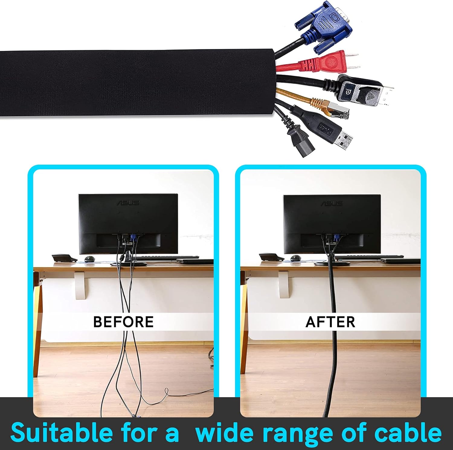 Cable Management Protection Sleeves with Reusable Cable Ties and Name Sticker S971374