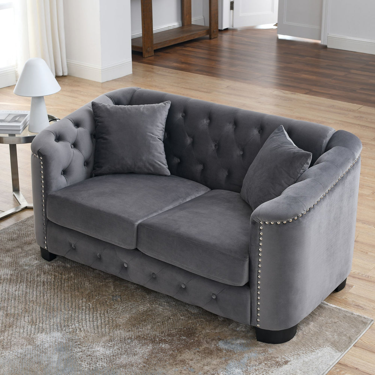 Grey Velvet Small Sofa with 2 Seat Cushions and 2 Throw Pillows N39425