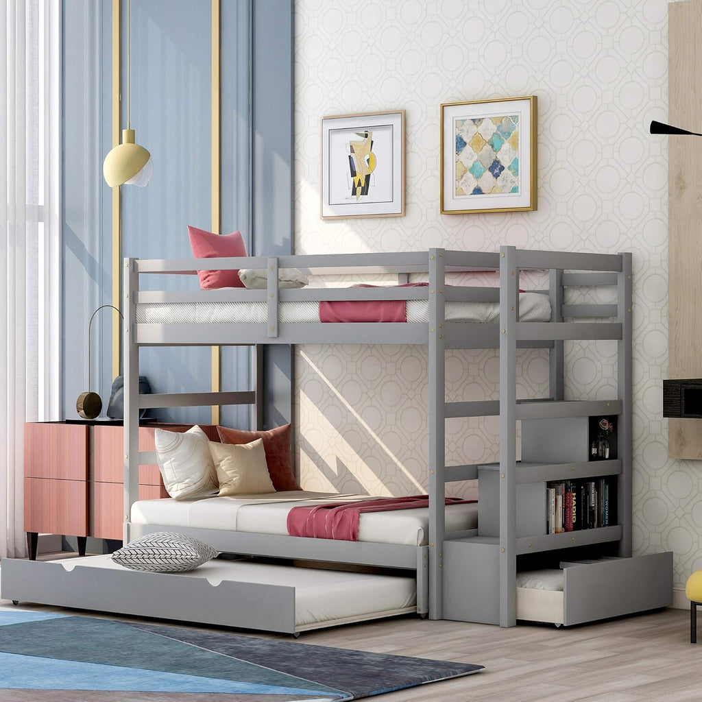 Grey Wooden Full Over Full Bunk Bed with Twin Trundle and Stairs D5085