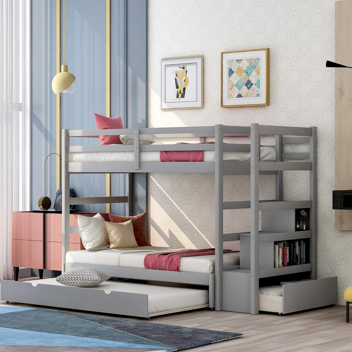 Grey Wooden Full Over Full Bunk Bed with Twin Trundle and Stairs D5085